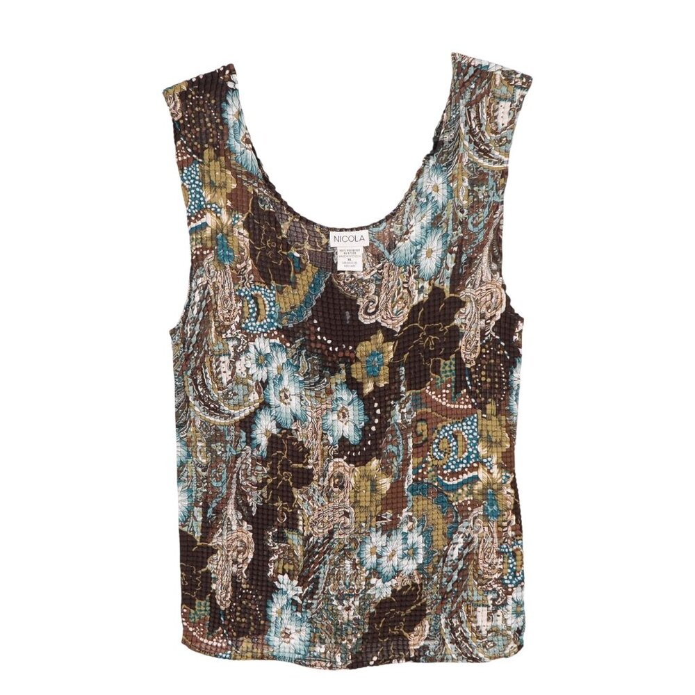 Y2K Sheer Blouse Tank Set XL Floral Blue Brown Paisley Boho Gypsy Whimsy Hippie - Picture 6 of 7